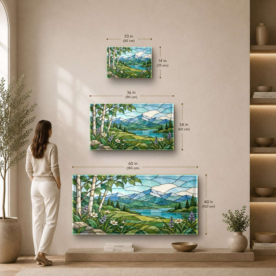 Stained glass style wall art above a sleek console table in a modern hallway