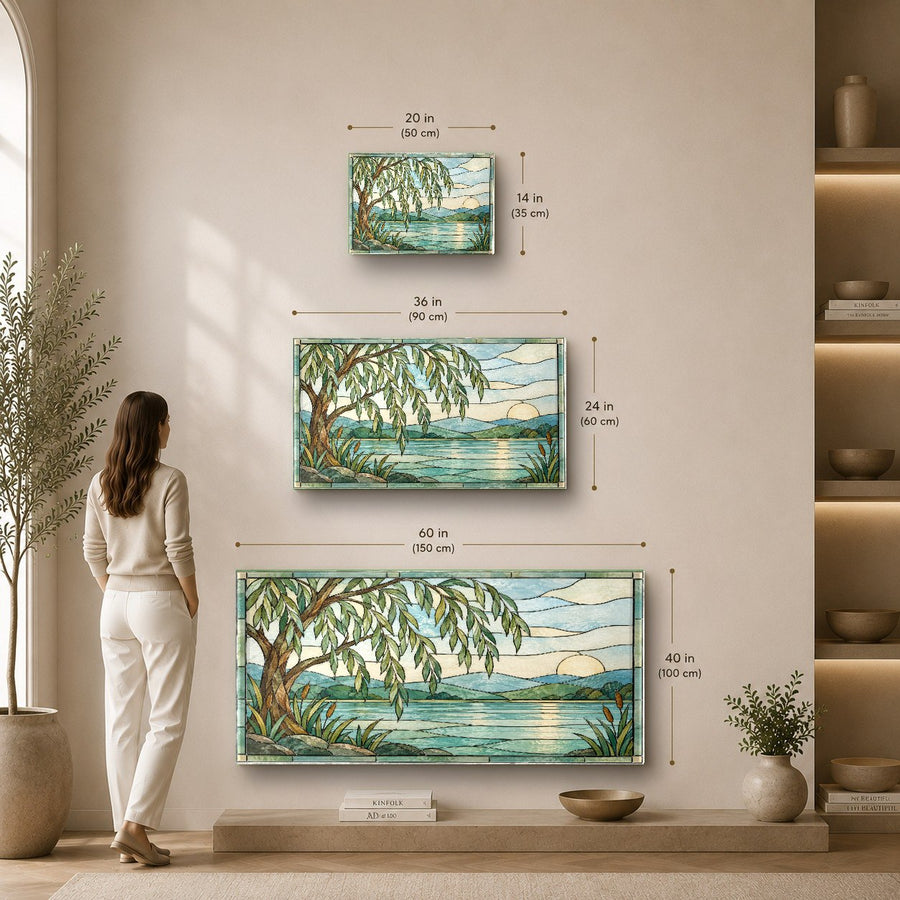 Nature-inspired tempered glass print displayed above a sleek wooden executive desk
