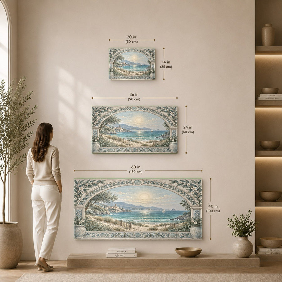 Modern office reception area featuring a large Coastal Archway tempered glass print for a calming entry.