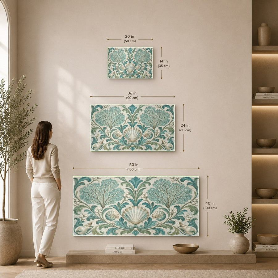 Coral Pearl tempered glass art displayed over a sleek console table in a luxury home entryway.