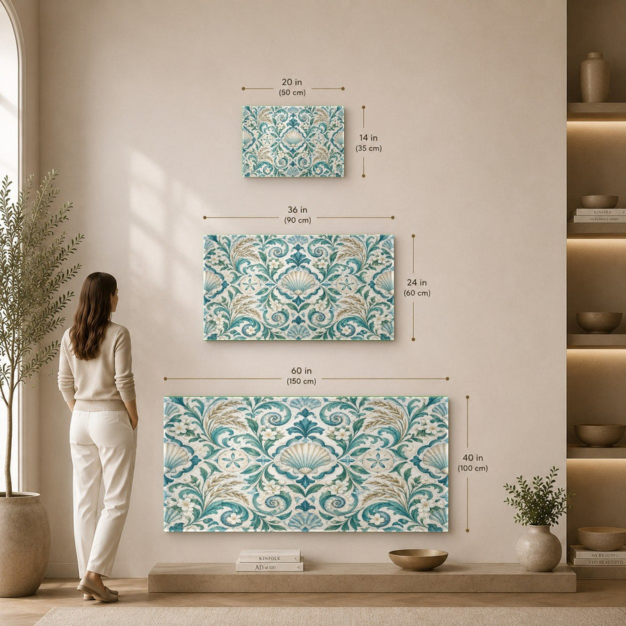 Coastal luxury office featuring a seashell damask glass art piece mounted on a white shiplap accent wall.