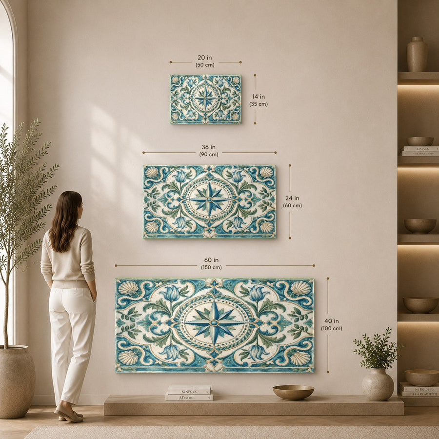 Coastal home decor with compass rose glass wall hanging in a bright hallway