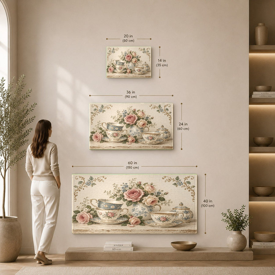 Rose Teacups Glass Wall Art styling in a chic cottagecore bedroom interior