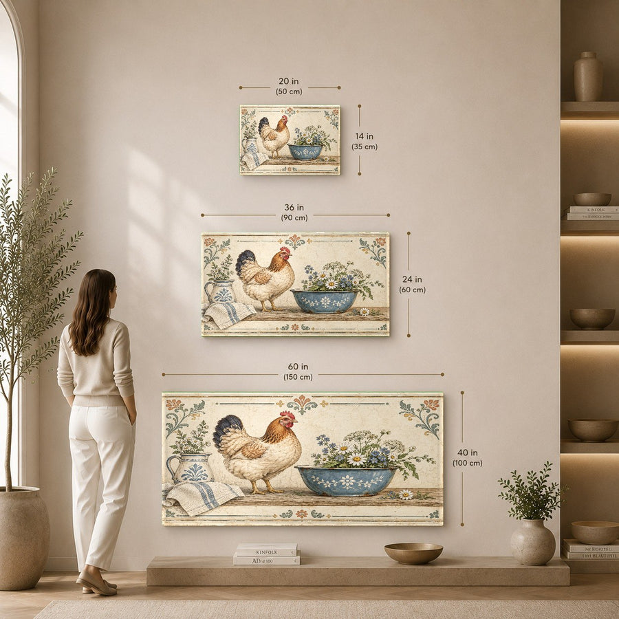 Rustic kitchen wall decorated with the Farmhouse Hen Glass Wall Art and potted herbs