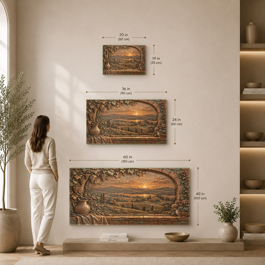 Italian countryside archway glass print showcased in a professional executive office