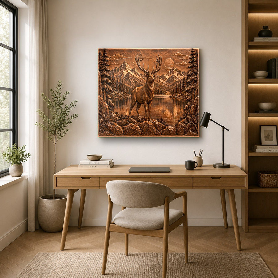 Luxury hotel lobby interior decorated with a striking animal glass wall print