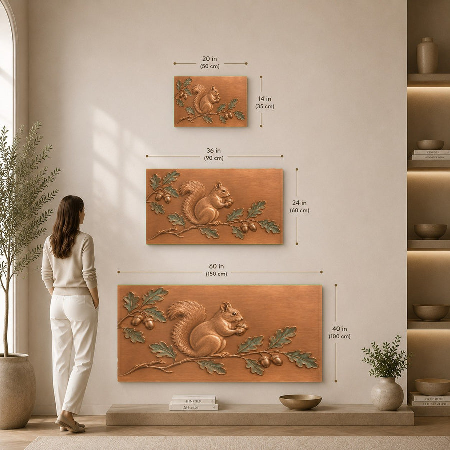 Close-up angle view of the glossy acorn squirrel wall print reflecting warm interior lighting