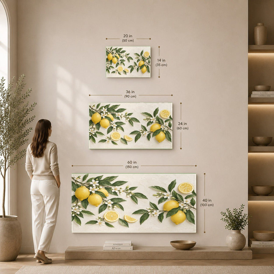 Lemon Blossom Glass Wall Art mounted above a wooden sideboard