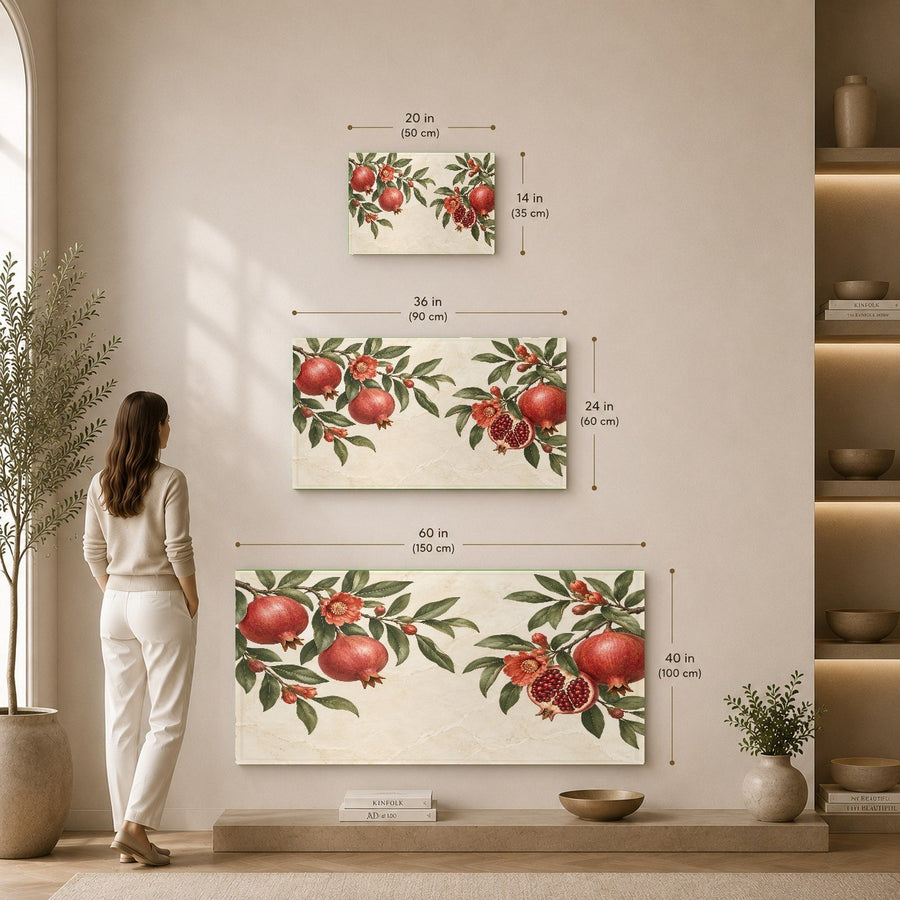 Square pomegranate wall decor hanging in a boutique spa reception area with natural wooden elements.