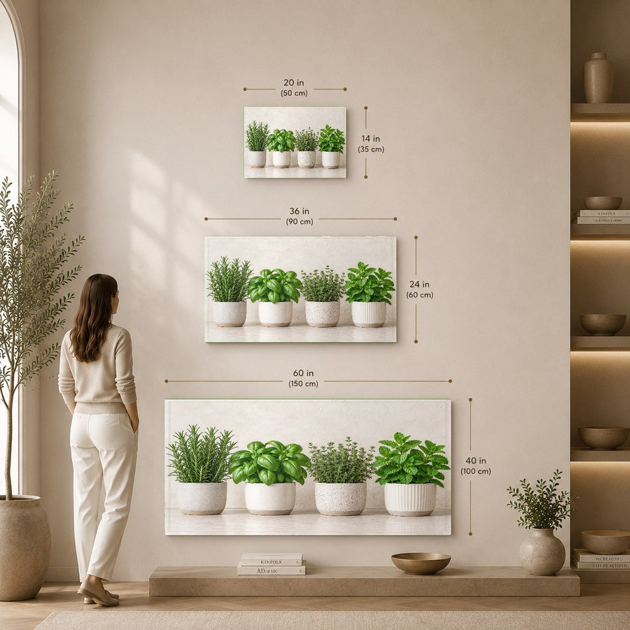 Large botanical tempered glass art hanging in a stylish modern organic kitchen