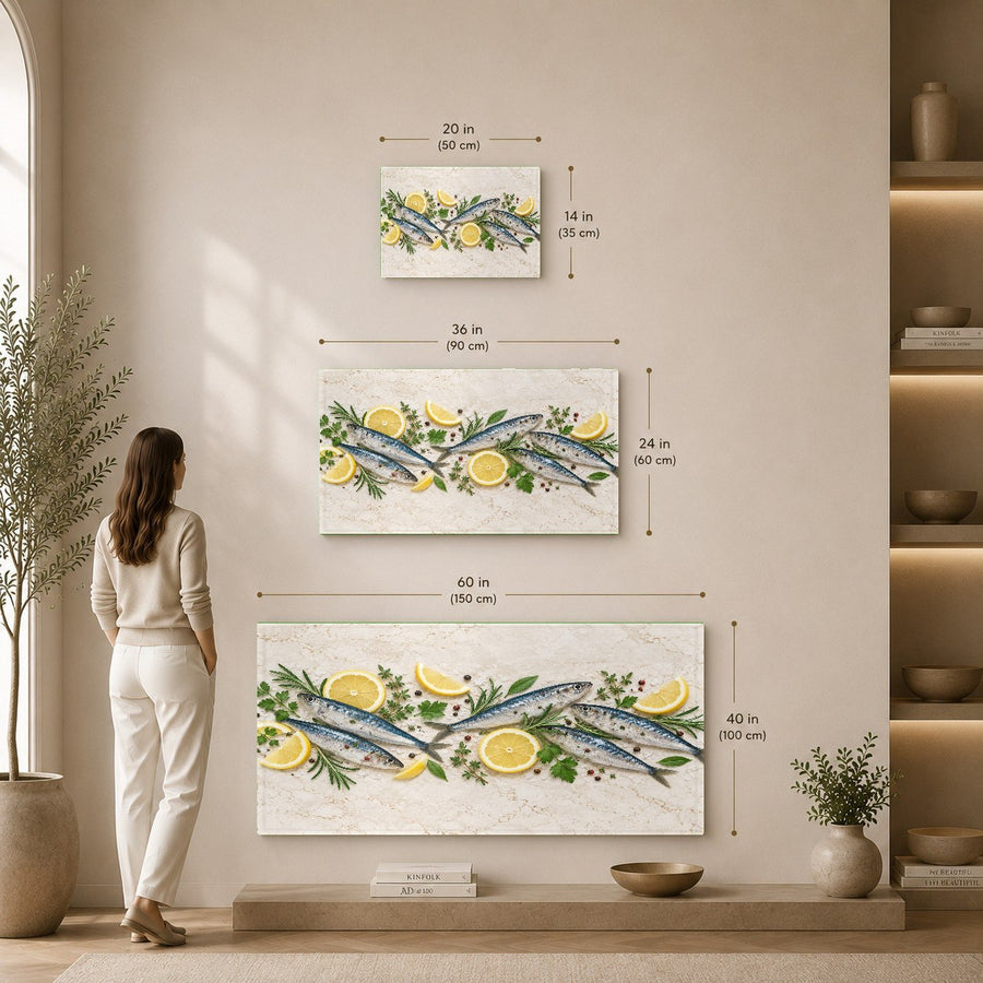 Large format Sardine Lemon Glass Wall Art as a focal point in a coastal home