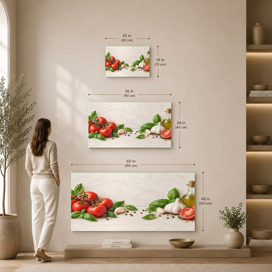 Fresh tomato and basil print hanging in a professional restaurant kitchen space