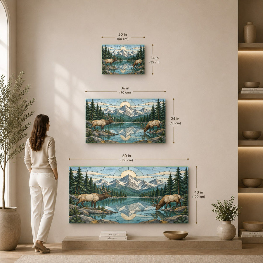 Tempered glass print of deer drinking from an alpine stream in a modern rustic hallway with warm spotlighting.