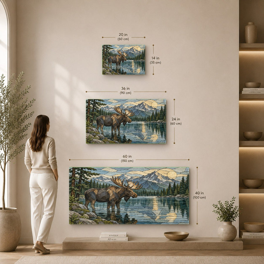 Elk Mountain River glass art piece displayed against a neutral grey bedroom wall