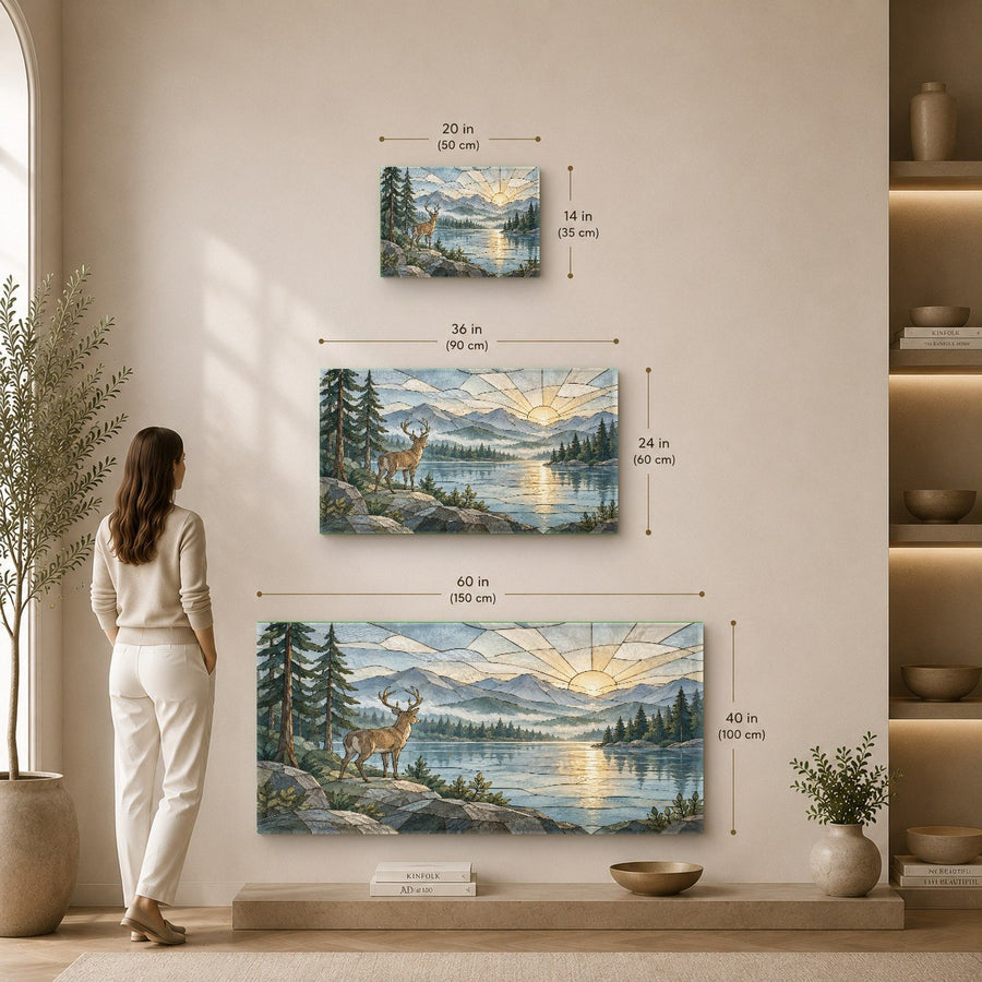 Beautiful deer sunset wall decor in a hotel lobby with warm, natural wood paneling and ambient lighting.
