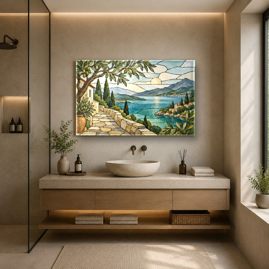 Stunning blue and green coastal wall decor in a minimalist office waiting room with ocean views.