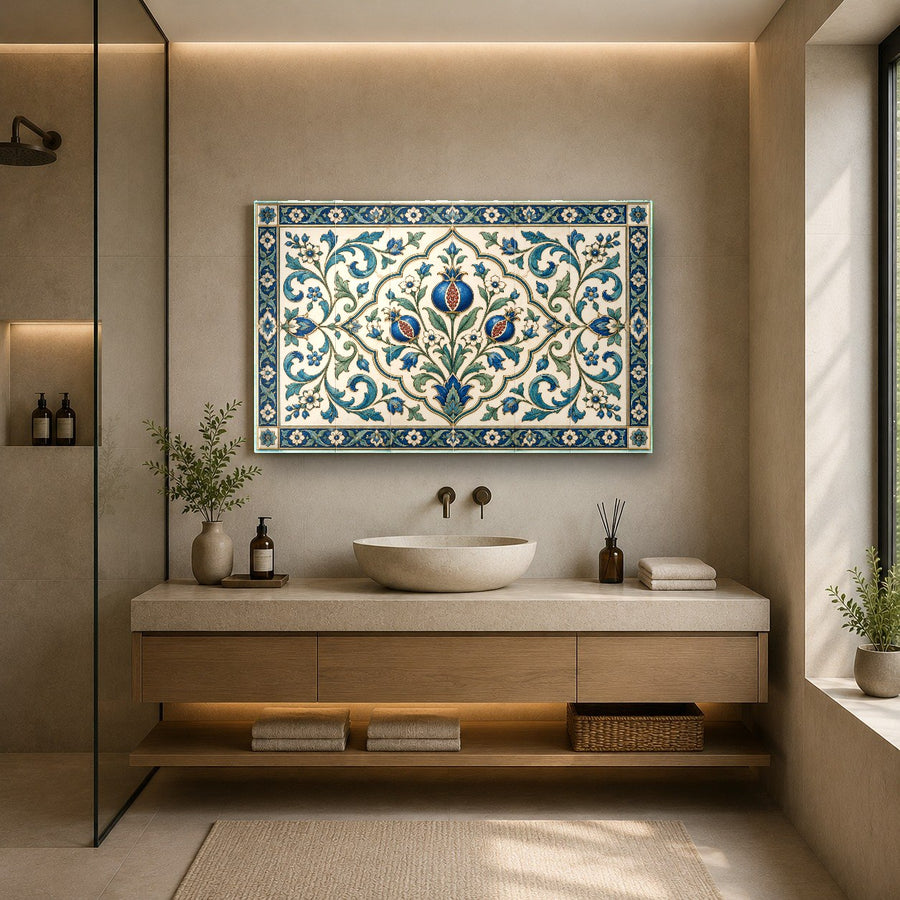 Tranquil forest path glass print featured in a calm spa waiting room