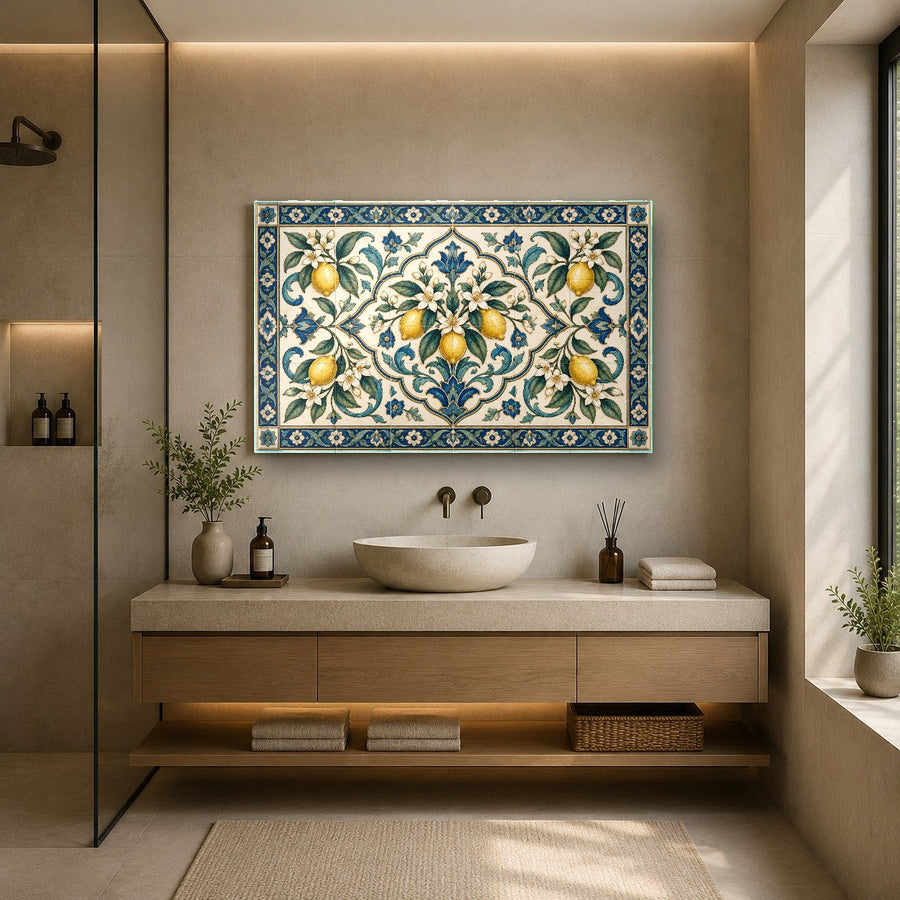 Mediterranean style lemon mosaic glass wall hanging showcased in an open concept apartment.