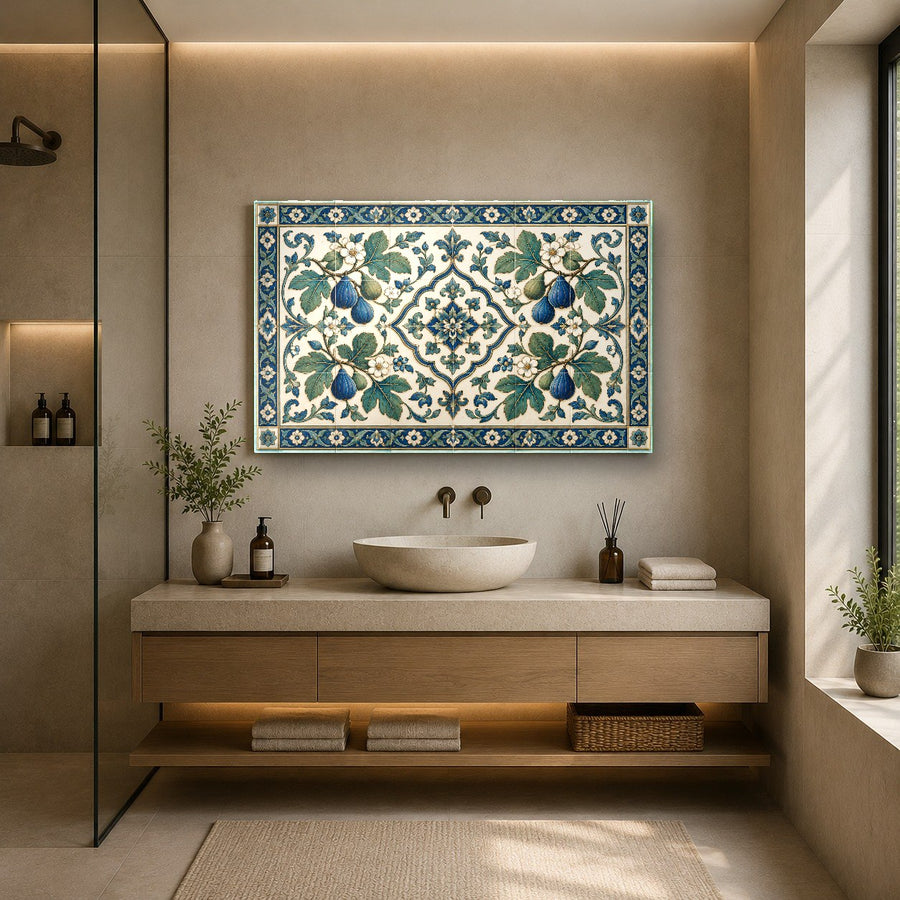 Framed tempered glass botanical wall decor displayed in a contemporary home office