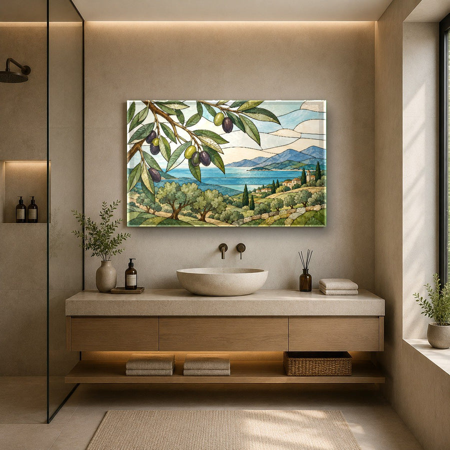 Botanical glass print displayed on a dark grey accent wall in a contemporary urban loft