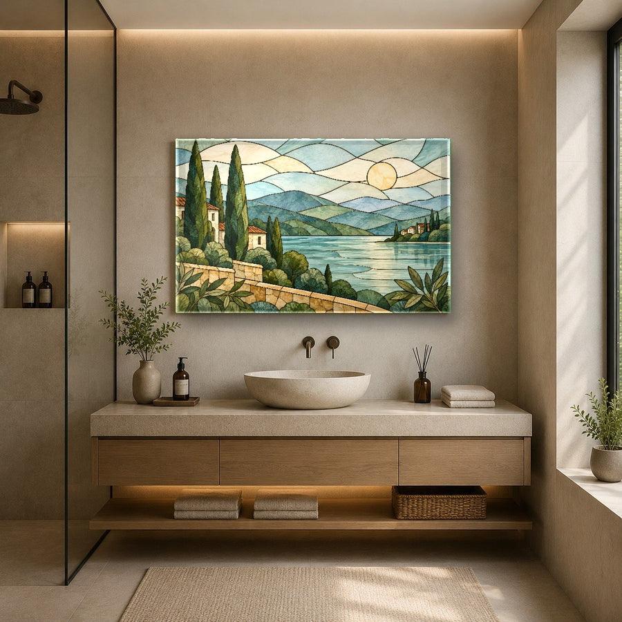 Stained Sunrise tempered glass art featured in a contemporary home office