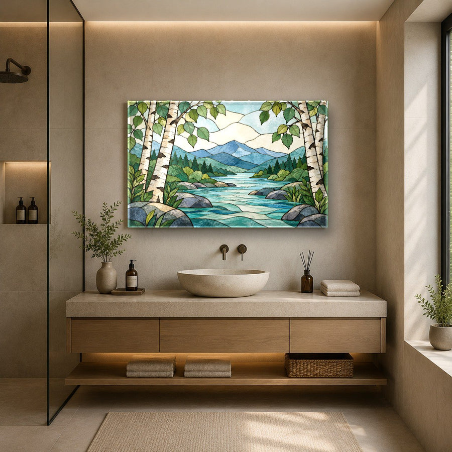 Cozy reading corner featuring a scenic mountain tempered glass print