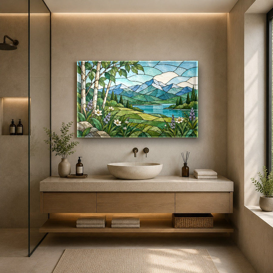 Large botanical glass print styled in a bright sunroom with indoor plants