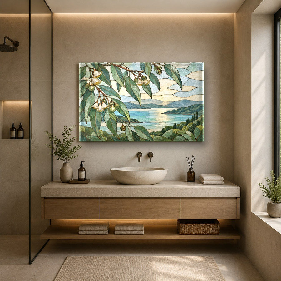 Vibrant leaf glass art displayed above a wooden console table in a hallway