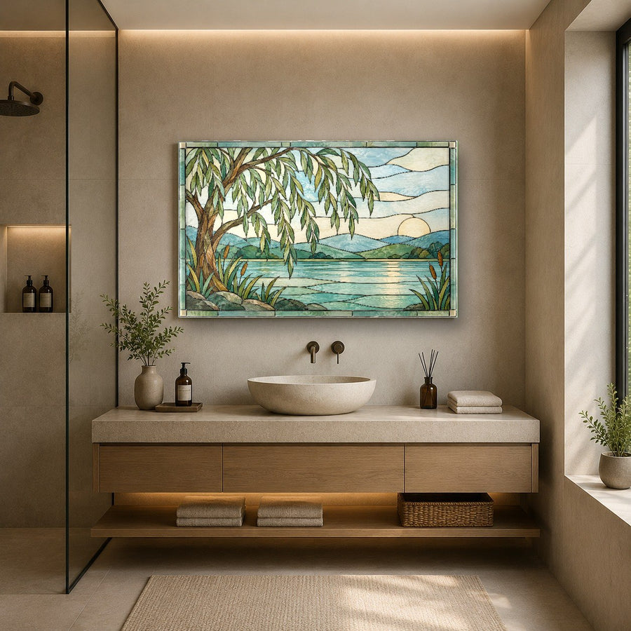 Colorful tree stained wall art featured in a chic hallway with warm accent lighting