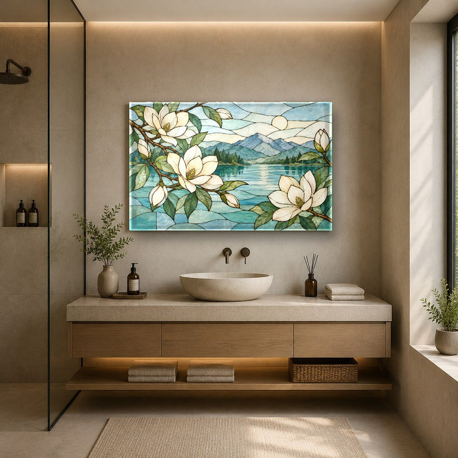 Elegant floral tempered glass wall decor featured in a bright hotel lobby interior