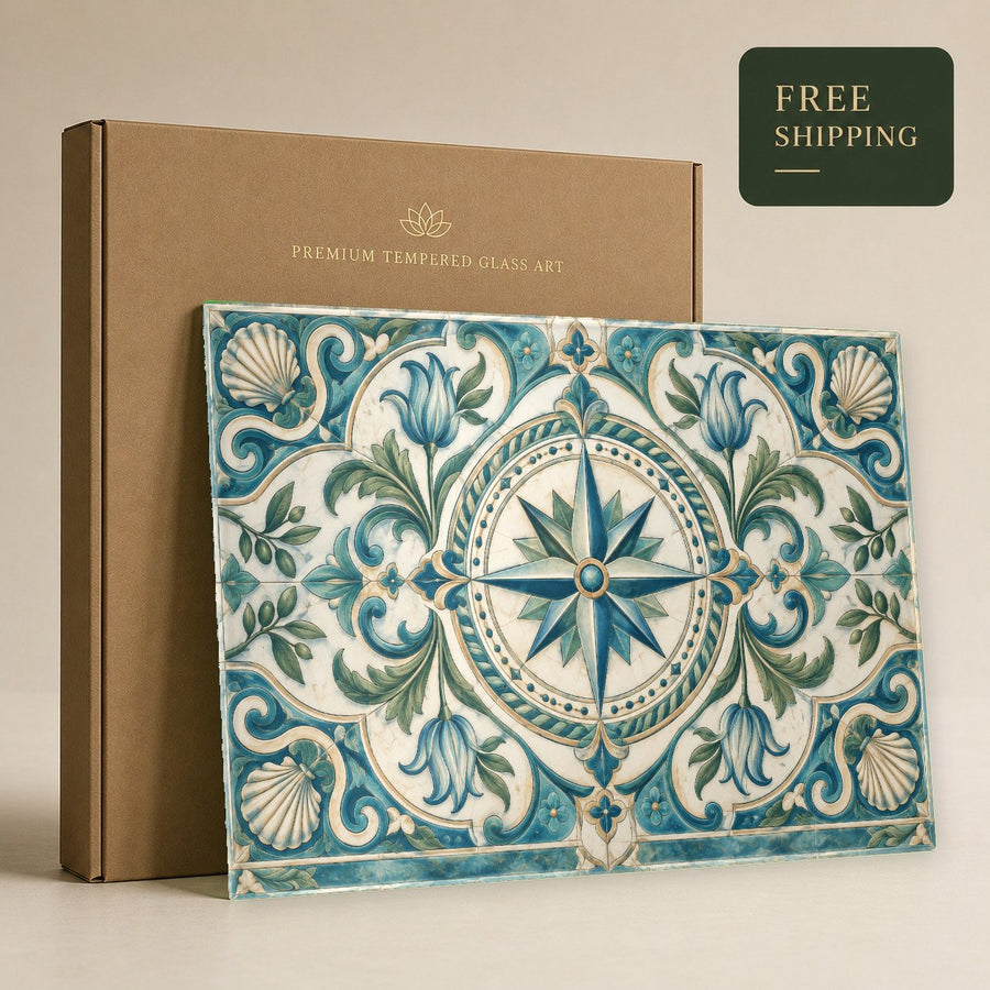 Compass rose glass print styled in a modern bedroom above a neutral headboard