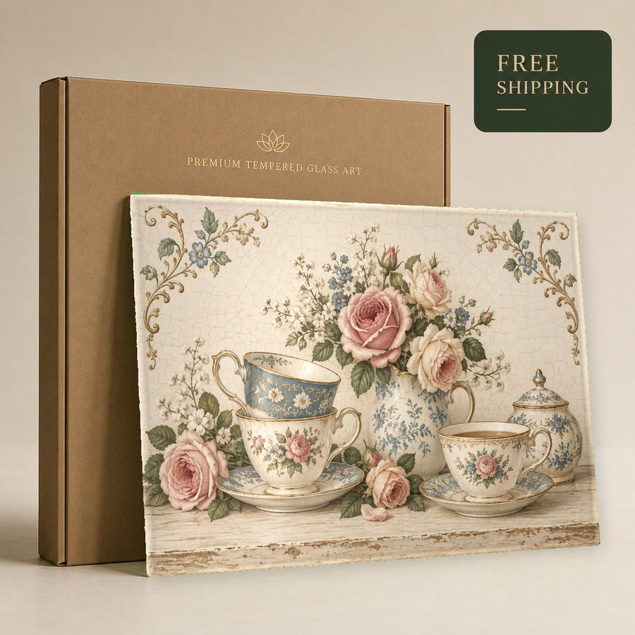 Elegant tempered glass floral print displayed in a luxury boutique hotel cafe