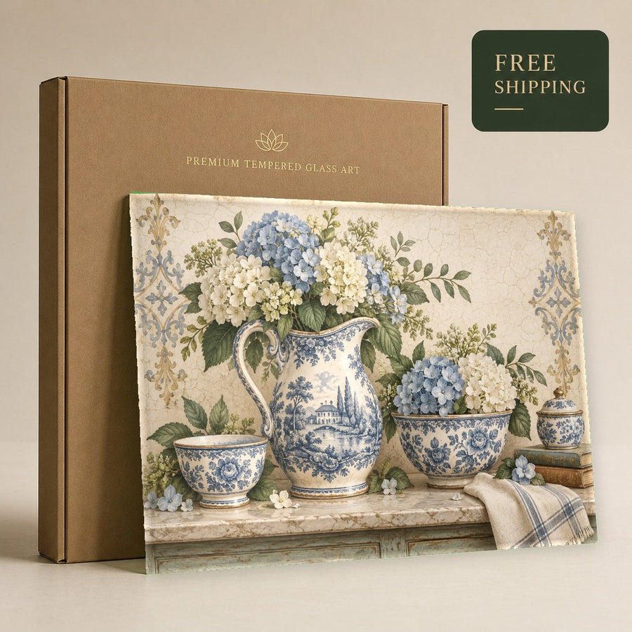Hydrangea Pitcher tempered glass decor above a sideboard cabinet