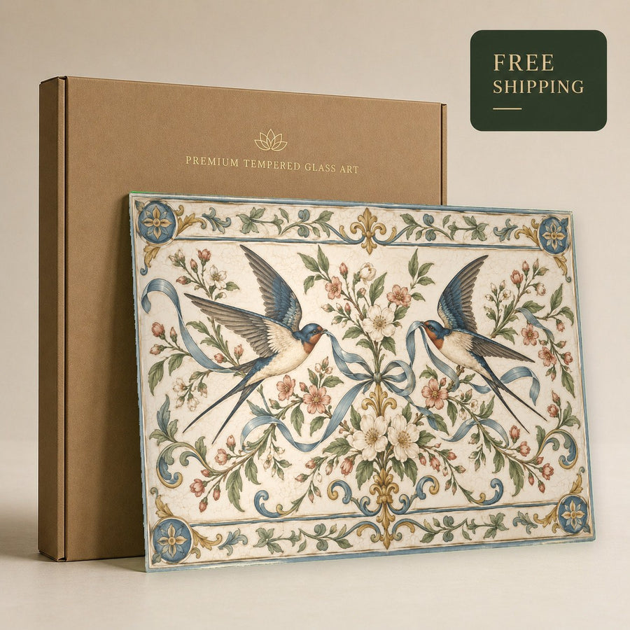 Stylized swallow print displayed in a chic boutique hotel lobby interior