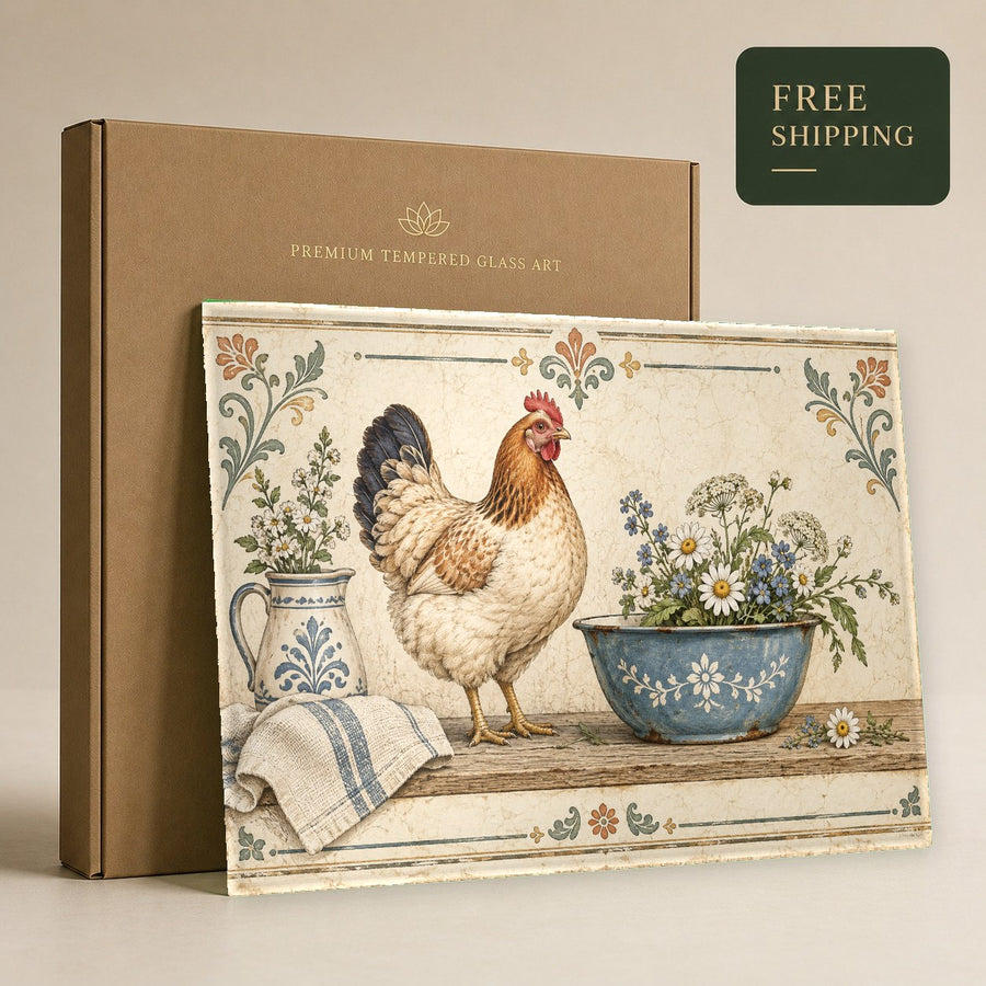 Farmhouse Hen Glass Wall Art featured in a modern country living room setting