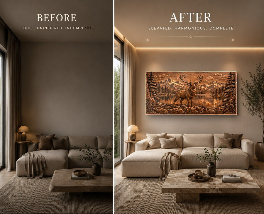 Dining room wall decorated with a sleek copper stag art piece in ambient lighting