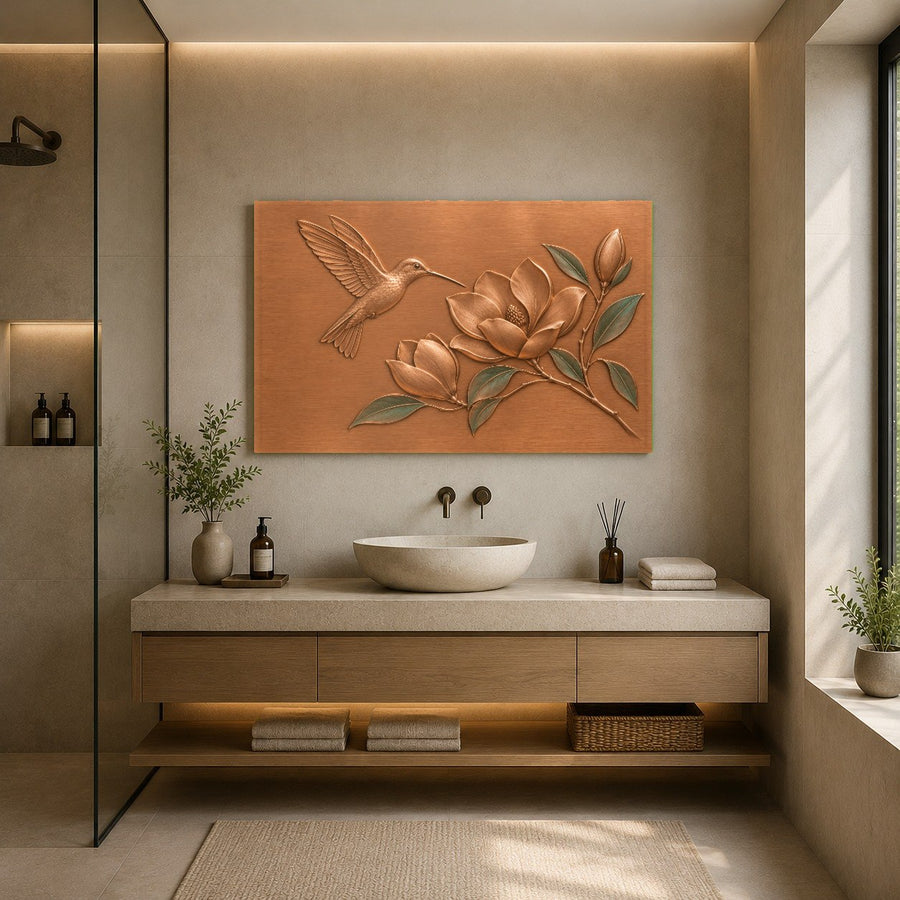 Cozy reading nook accented with botanical tempered glass wall art