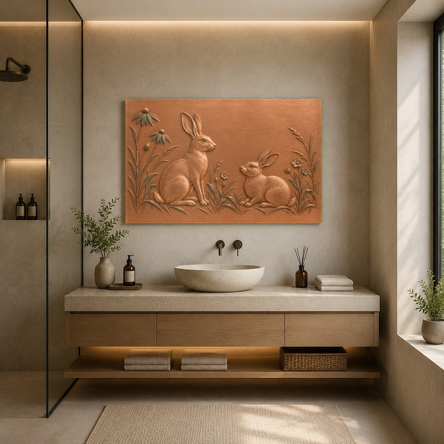 Rustic interior decor setting featuring the Meadow Hares glass art piece surrounded by wooden accents