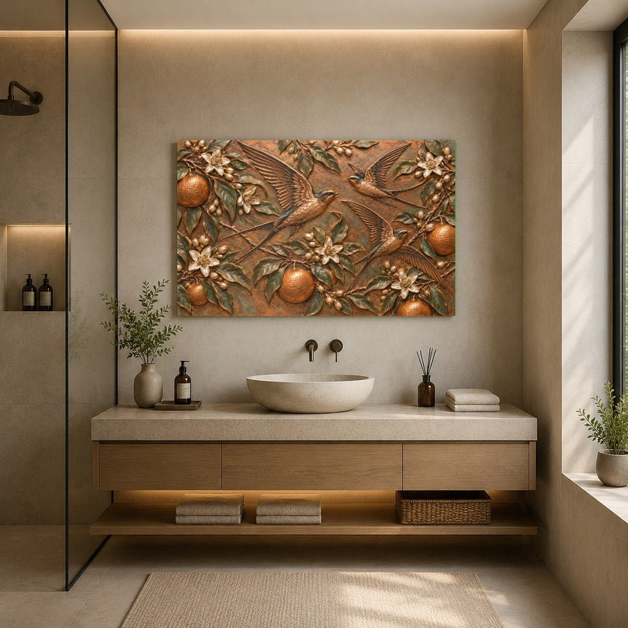 Side profile view of Orange Swallows Glass Wall Art with aluminum float frame