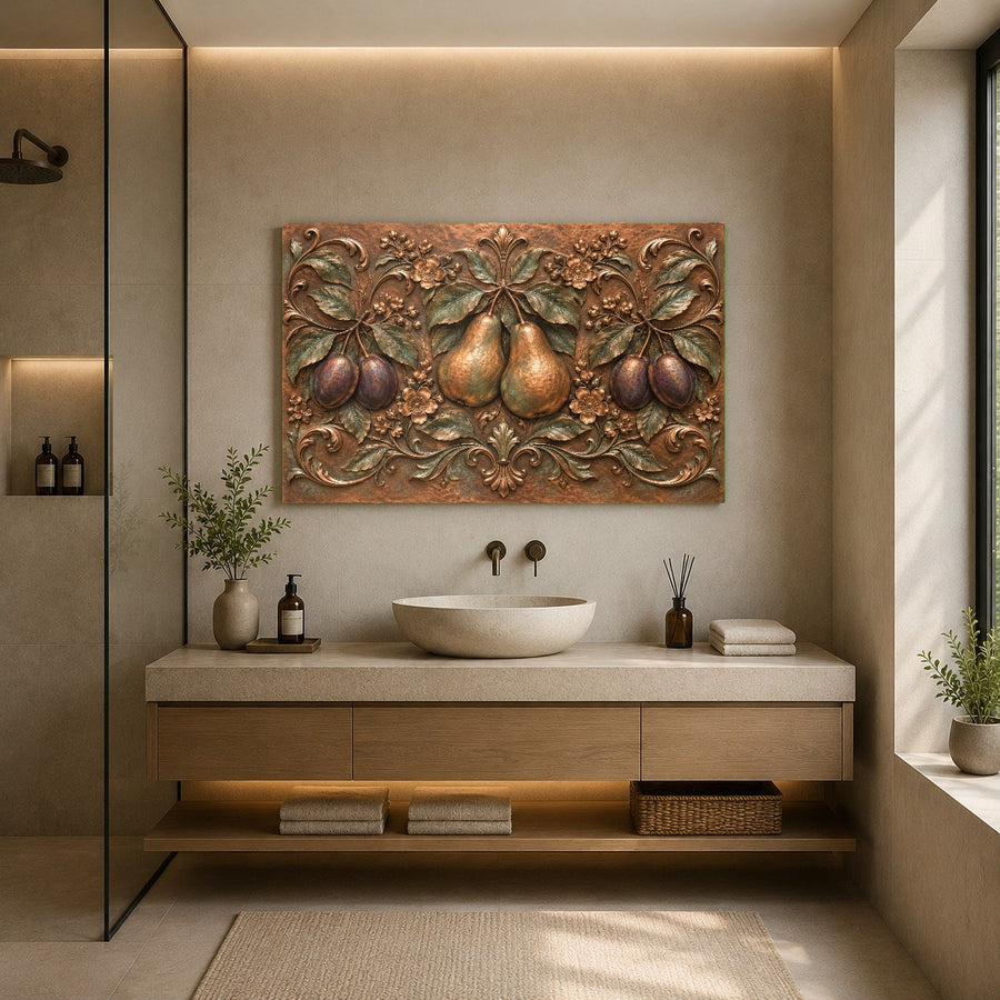 Pear Plum fruit art displayed in a chic cafe interior with warm ambient pendant lighting