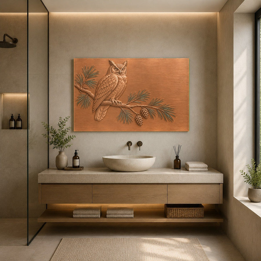 Nature-themed lounge featuring Pine Owl glass wall art