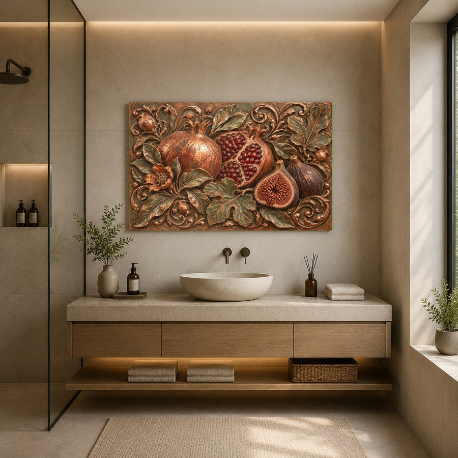Side profile angle of the Pomegranate Fig glass wall art highlighting the aluminum frame