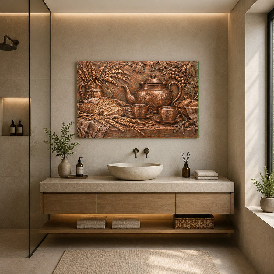 Cozy kitchen decor featuring a vintage-style tea wall art piece above the counter