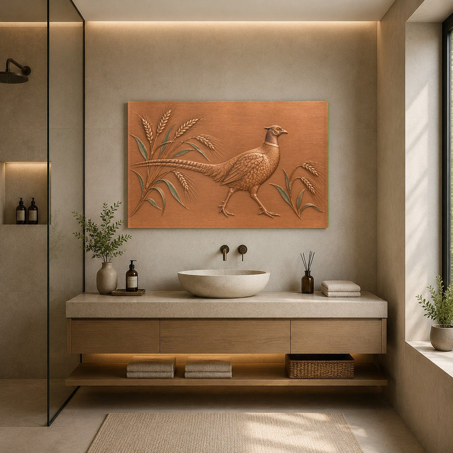 Close-up angle of wheat pheasant glass print reflecting soft natural light in a sunroom