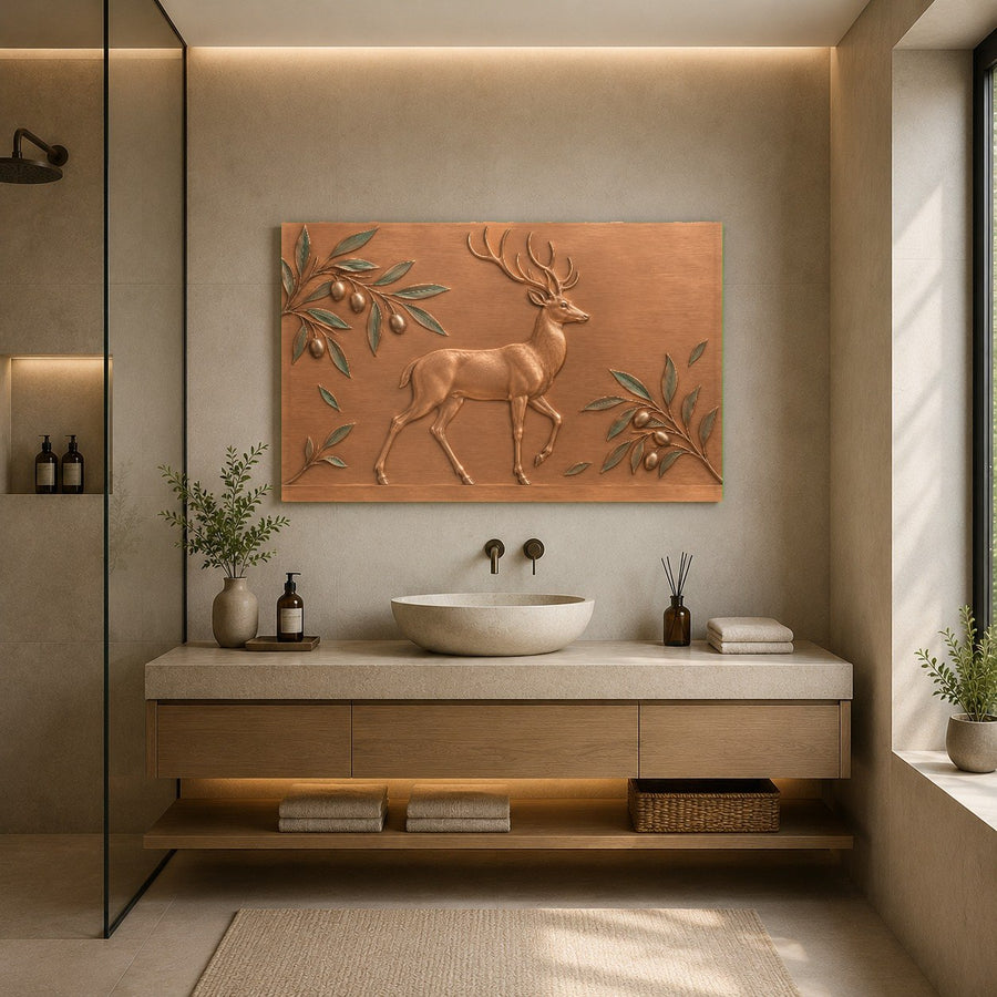 Stag wildlife wall art showcased in a minimalist hallway with warm ambient lighting
