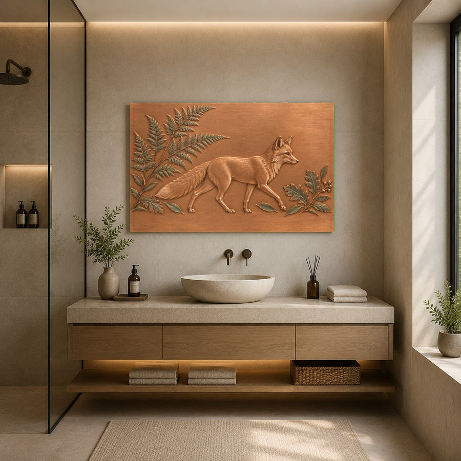 Botanical tempered glass print displayed above a minimalist wooden sideboard in a dining area