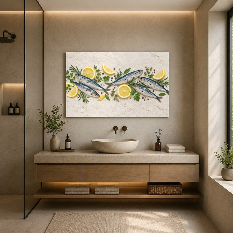 Sardine and lemon art print hanging on a neutral gray living room wall