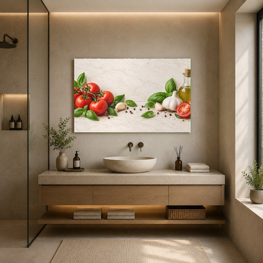 Tempered glass kitchen wall art displayed above a wooden dining table and chairs