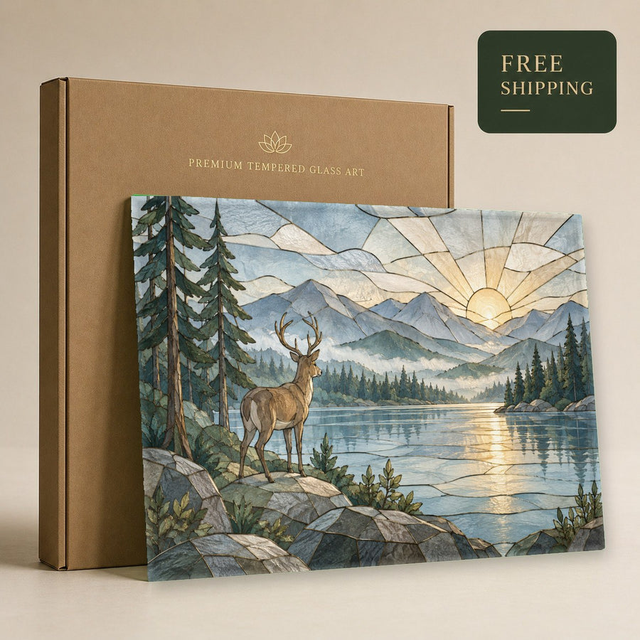 Spacious living room featuring a stunning landscape glass print of deer during a forest sunset.
