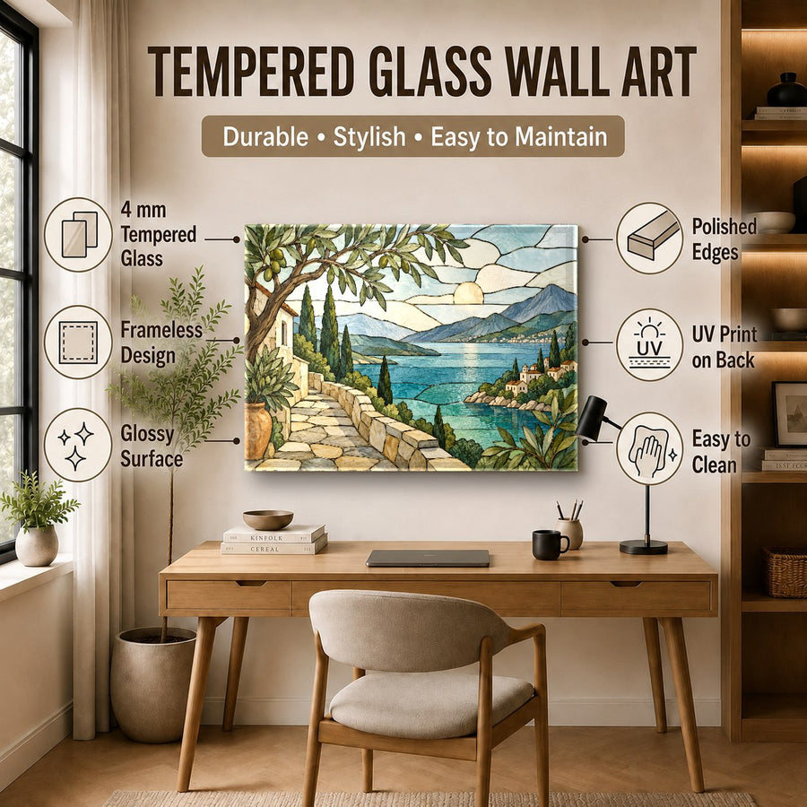 Side view of ocean stained glass wall art showing the durable aluminum alloy hanging frame.